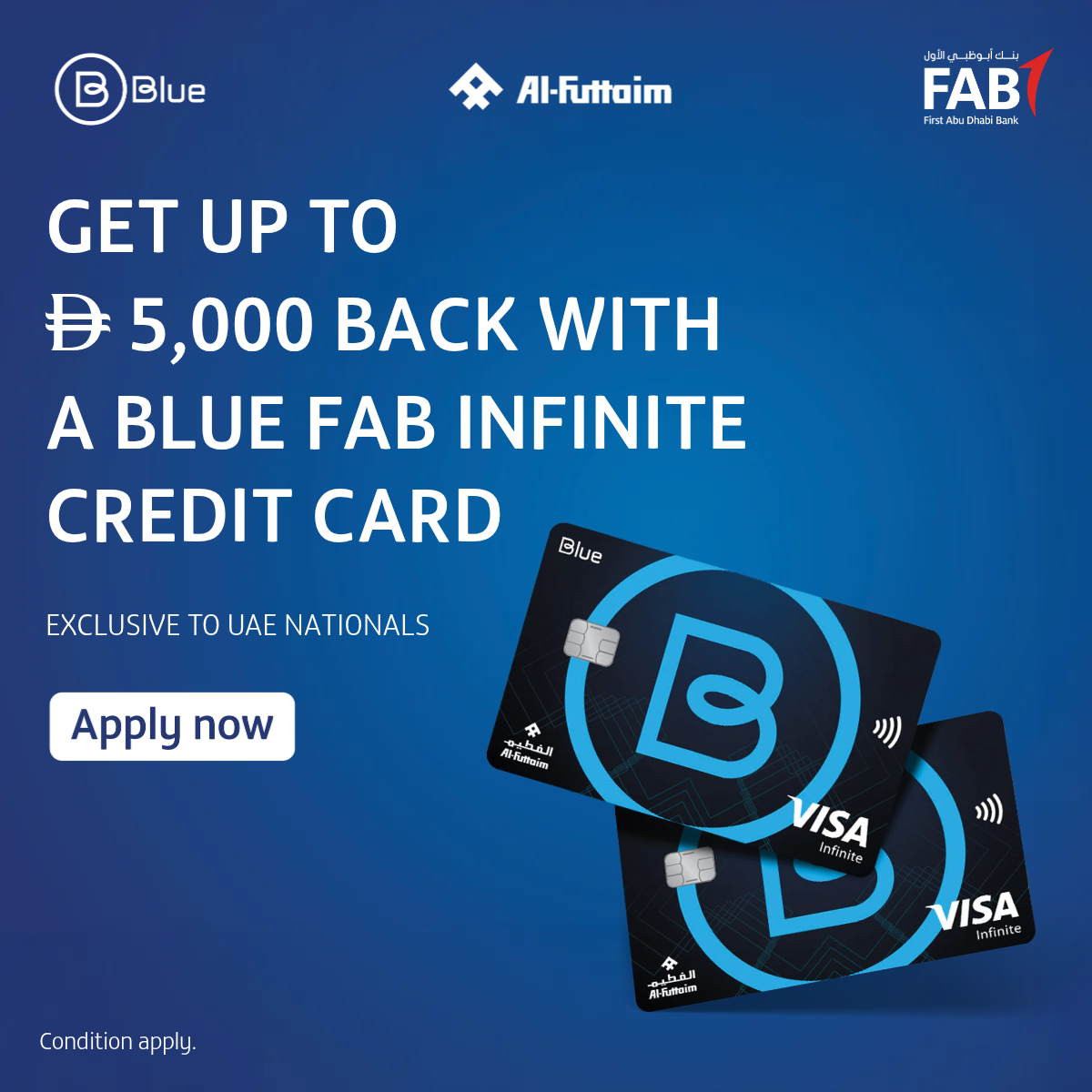FABConnects's tweet photo. Get more today as a UAE national with up to AED 5,000 back as a welcome bonus and so much more with a Blue FAB Infinite Credit Card. 
Tap here. T&amp;Cs apply.