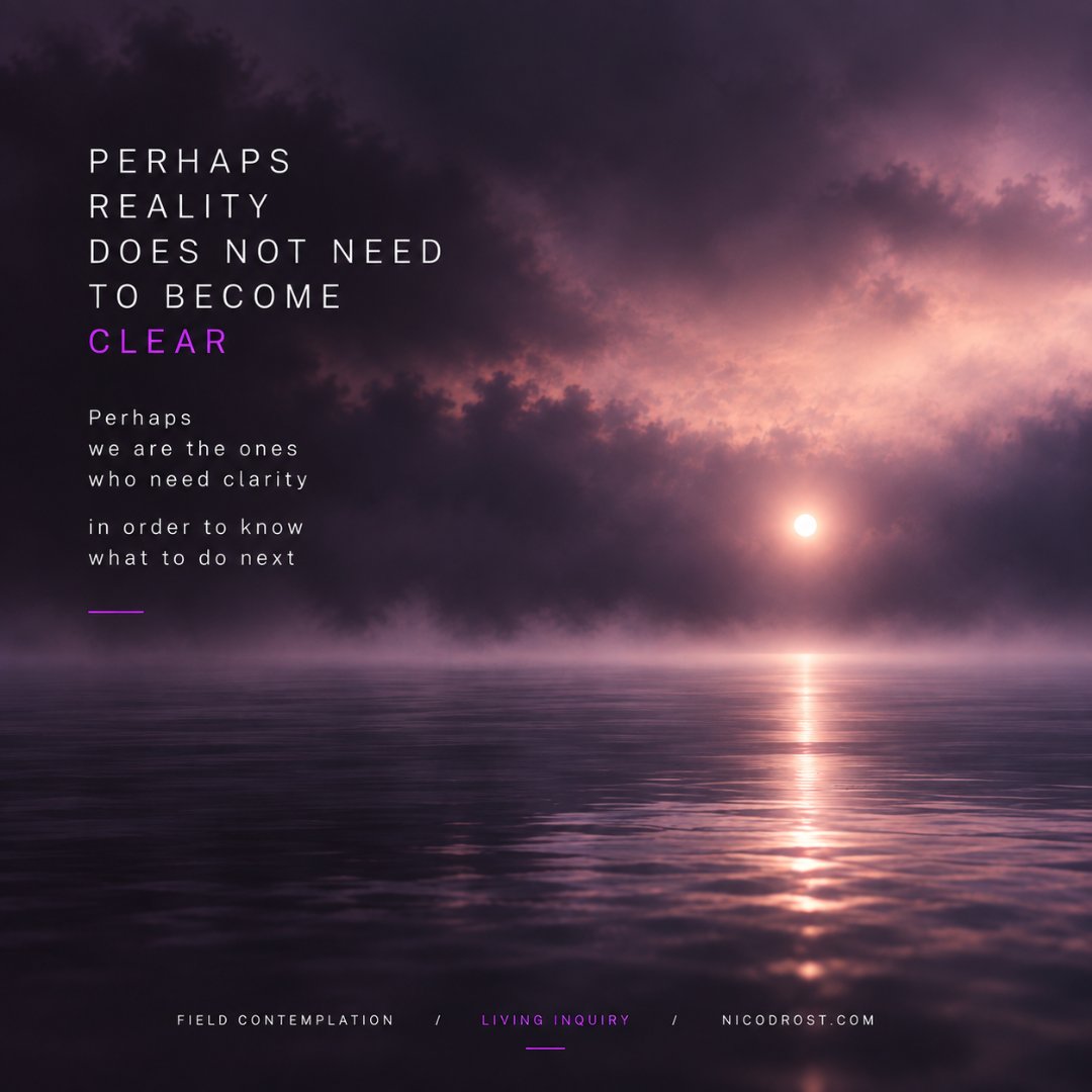 NDrost93046's tweet photo. We may need clarity.
Reality does not.

Reality can remain contradictory. Unfinished. Ambiguous. Relational. Moving.

Perhaps something changes when we stop asking reality to resolve itself for us.

Remain a little longer.

#LivingInquiry #FieldContemplation https://t.co/aIVfRAGaSF