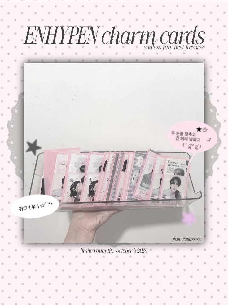 sunoorolls_'s tweet photo. ENDLESS: DUNKIN ENHYPEN FUN MEET

🛒ENHYPEN charm cards ✧
fan support by @sunoorolls_ 🪽

✧ rt, f, likes are appreciated ~
✧ loc: tba
✧ open for trades
✧ strictly 1:1 

#DunkinPH_ENDLESS #ENDLESSFunMeet #ENHYPEN https://t.co/4e9ui8yweo