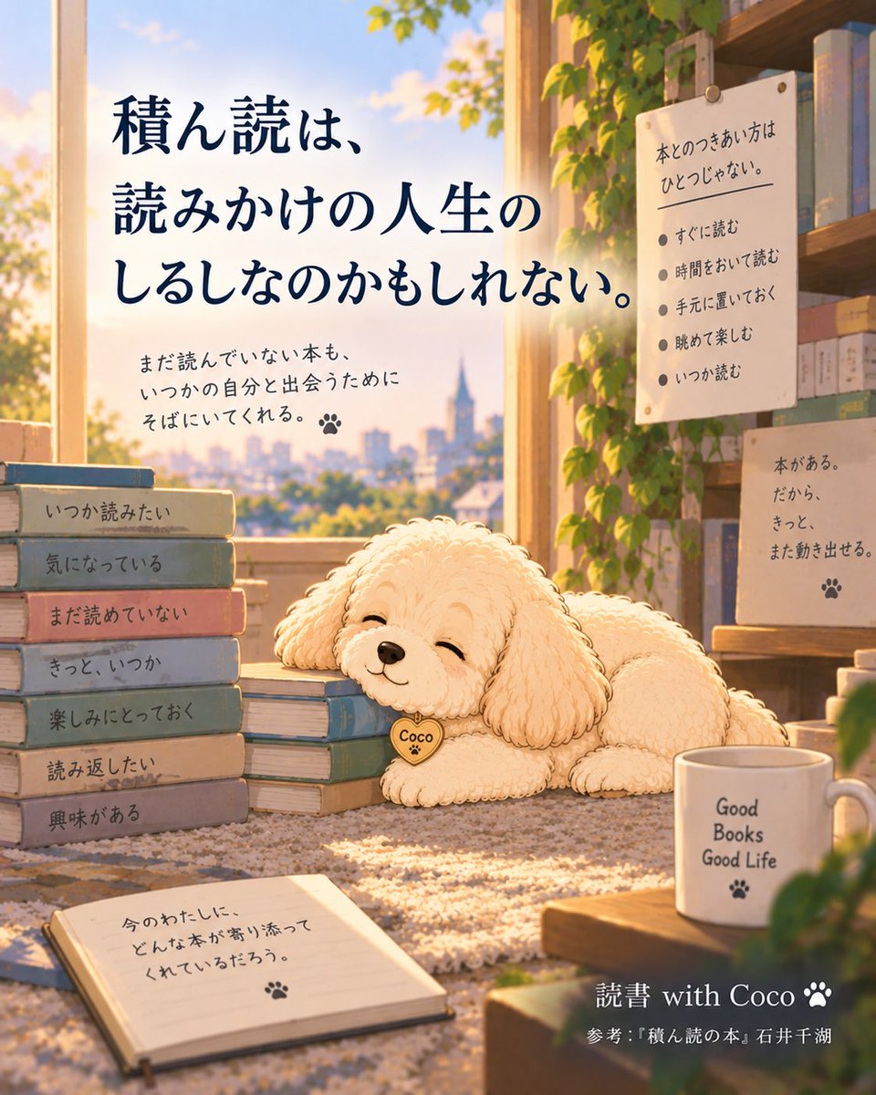 read_with_coco's tweet photo. 積んだままの本を、「読めなかった本」だと思っていた。

石井千湖『積ん読の本』を読むと、少し見え方が変わる。

まだ読んでいないことも、本との付き合い方の途中なのかもしれない。

本との時間は、読了だけでは測れない。

読書 with Coco 🐾 https://t.co/3Yw0vp3OHE