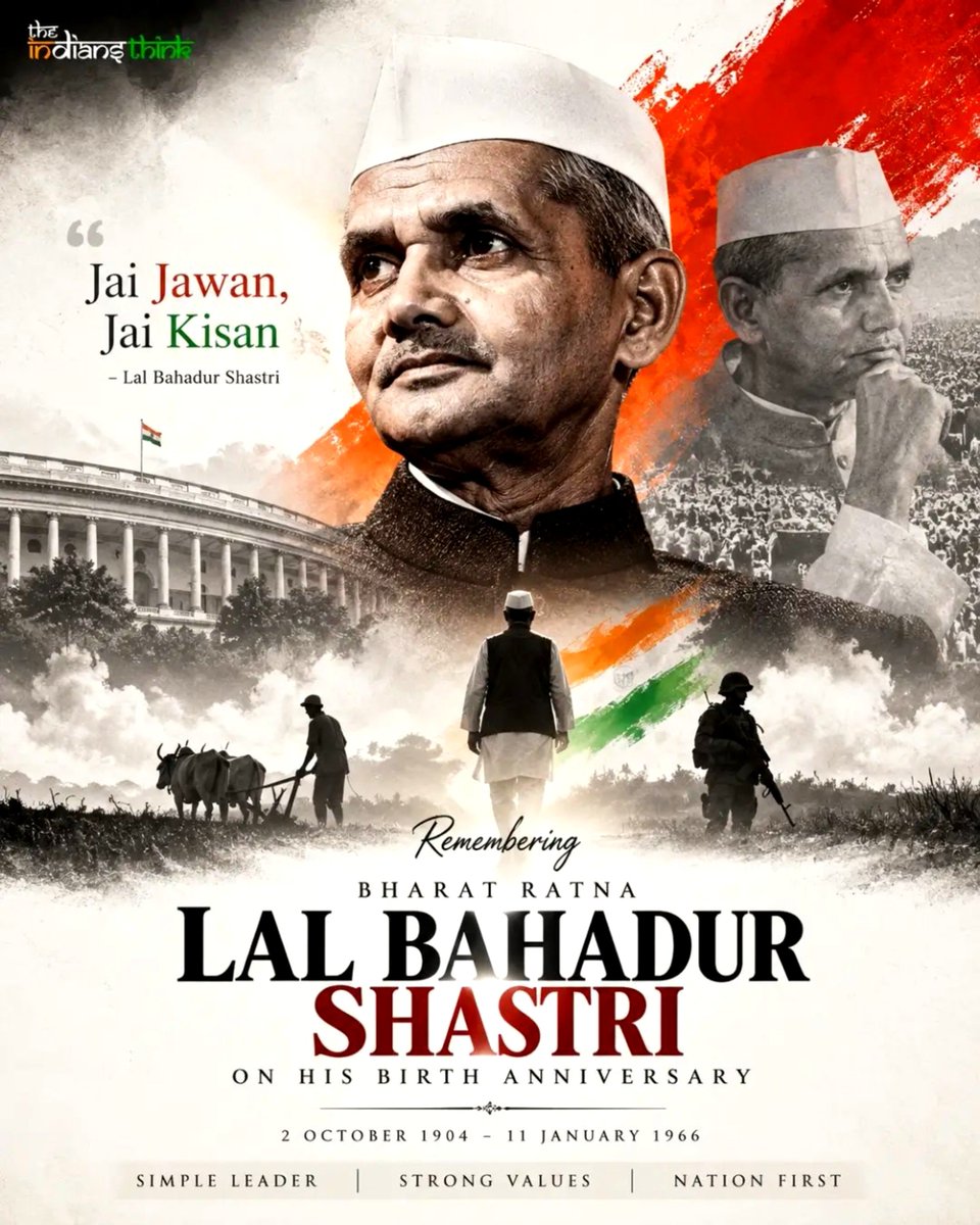 ASHOKJOSEPH0's tweet photo. Lal Bahadur Shastri Jayanti : 🇮🇳

 Marks the birth anniversary of India's 2nd Prime Minister (born 1904), famous for coining the slogan "Jai Jawan, Jai Kisan". 🌾

#LalBahadurShastri #JaiJawanJaiKisan #IndianHistory #Indiafact https://t.co/rHP1v8x4mV