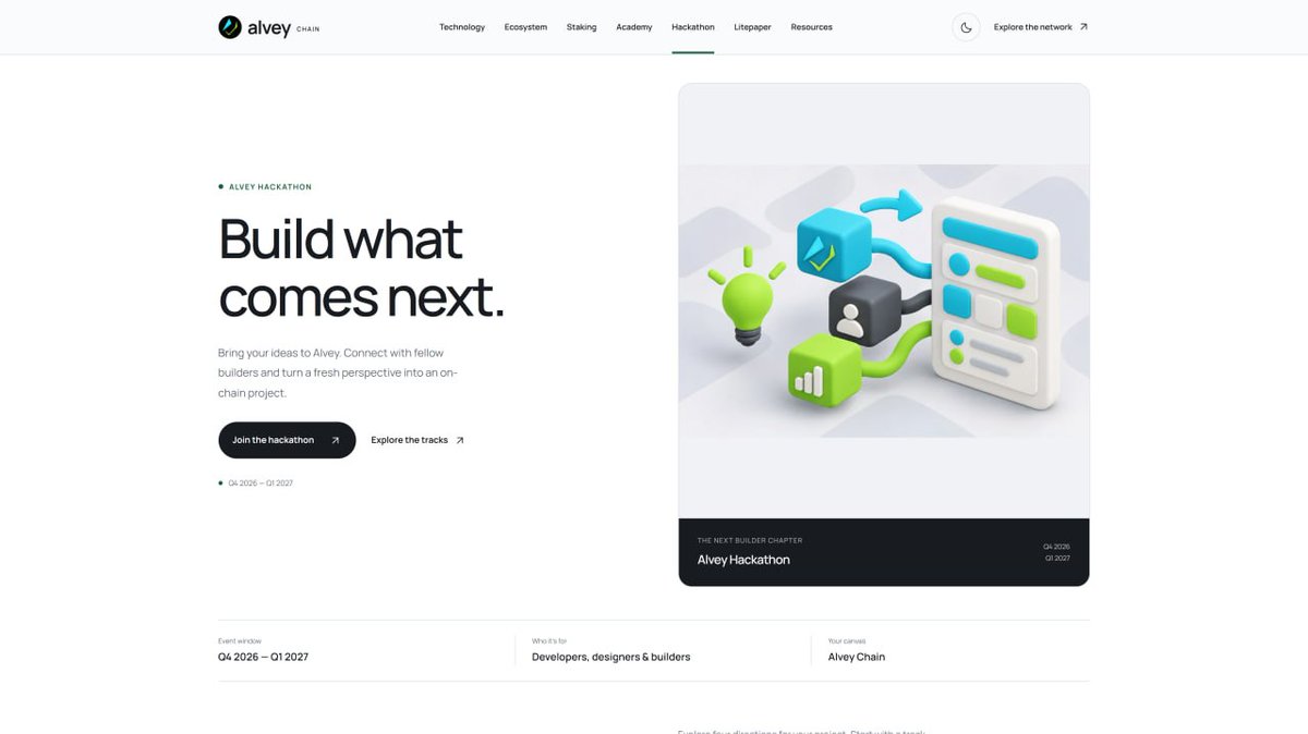 AlveyChain's tweet photo. 🛠 BUILD THE NEXT CHAPTER OF ALVEY

We’re preparing an Alvey Chain hackathon for Q4 2026–Q1 2027, bringing builders together to turn bold ideas into projects.

DeFi, gaming, developer tools and fresh concepts. We want to see what you can create on Alvey.

Tracks, participation details and the full schedule will be revealed as preparations move forward.

Builders, start thinking big.
robinhood:0x302dacc52492095fb054937112a5aac4617ecfb3