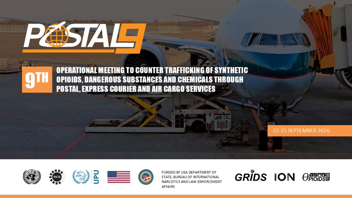 INCB_President's tweet photo. The implementation of the 16 operational recommendations adopted by law enforcement agencies and postal, express couriers and air cargo networks at #INCB #POSTAL9 will prevent drugs from reaching our doors and will save lives. Acting together against synthetic drug traffickers. https://t.co/9D034HqhAI