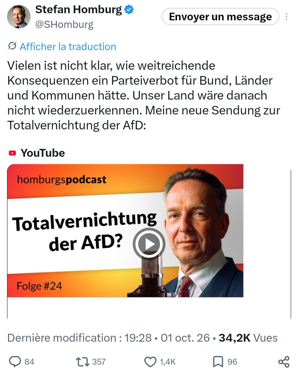 HannahStasi's tweet photo. 🇩🇪 - "L'expert" #antivax Stefan #Homburg voit une potentielle #interdiction de l'#AfD comme une tentative d'#extermination totale (Totalvernichtung) du mouvement. 🤢👇 https://t.co/wXL6W7iDE5
