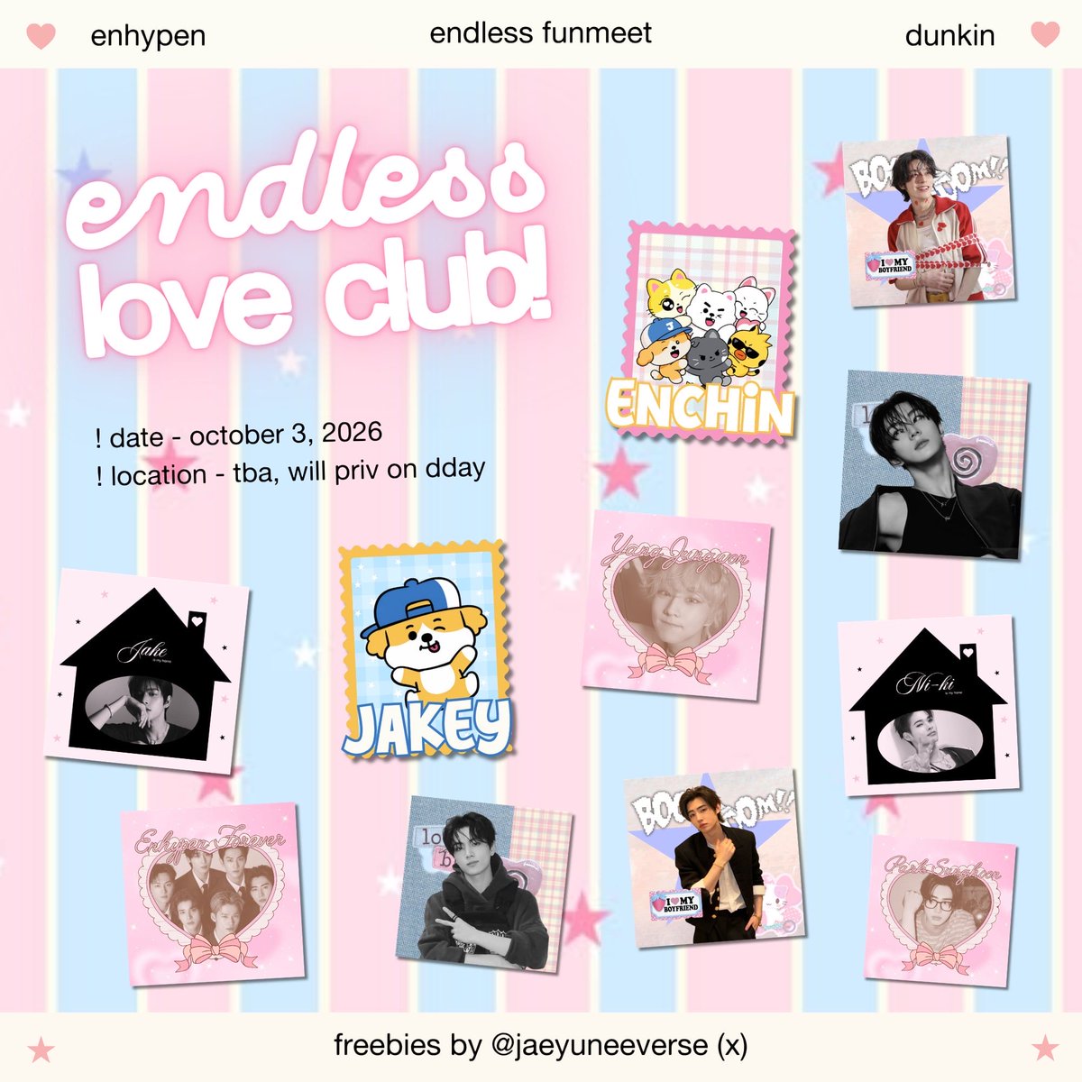 jaeyuneeverse's tweet photo. enhypen endless love club .ᐟ
—— fan support by : @jaeyuneeverse &amp; @svtlouvsstudio ◡̈

✿ enhypen stickers for engenes!
✿ like, rt, mbf
✿ 1:1, limited qty only
✿ loc &amp; time: tba (will go priv on dday)

🏷️ enhypen endless dunkin funmeet freebies #ENHYPEN #DunkinPH_ENDLESS https://t.co/P4BwYUdxKM