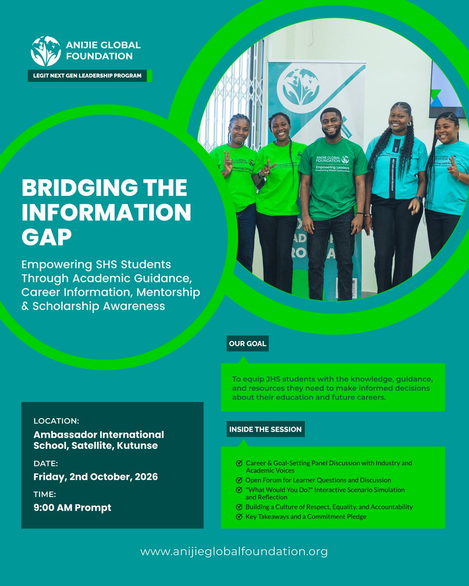 AnijieGlobal's tweet photo. No student should be left guessing about their future.
Our #Leaders LEGIT Next GEN Leadership Program are spending today at Ambassador Intโl School in Kutunse, closing the information gap for students, right where they are.
โจ#LEGITBlueprint #YouthLed #AnijieGlobalFoundation https://t.co/dV9eVykecC