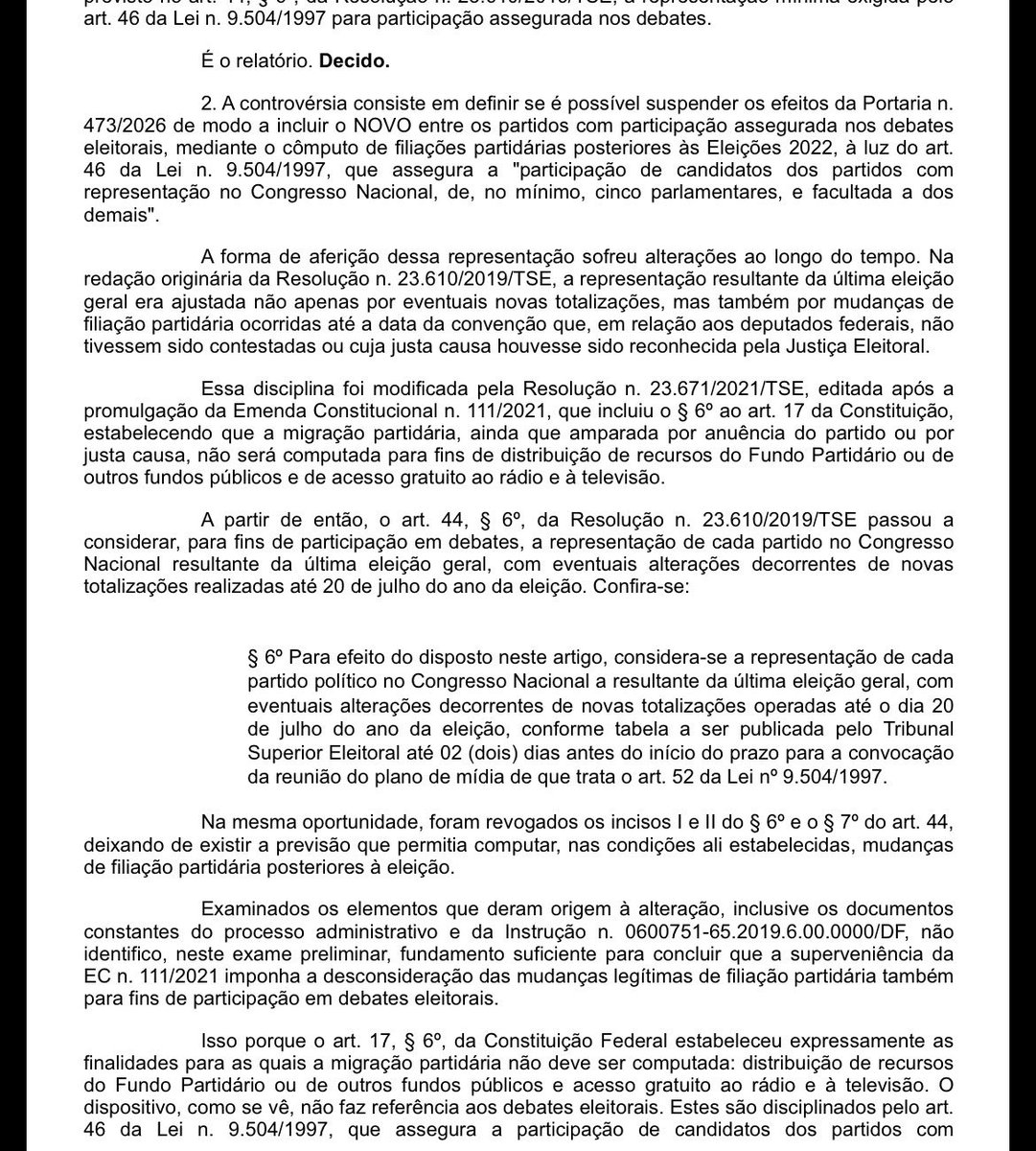 scandiuzzi_mas's tweet photo. Olha o que deu início ao caos ontem. Fui atrás do Marco Zero. Segue a decisão de Nunes Marques que liberou Zema.  Havia uma resolução e uma portaria do TSE regulamentando a Lei. Estavam em vigor. Numa canetada monocrática, sem plenário, ele alterou a regra em vigor. https://t.co/1w6AmyD8c9