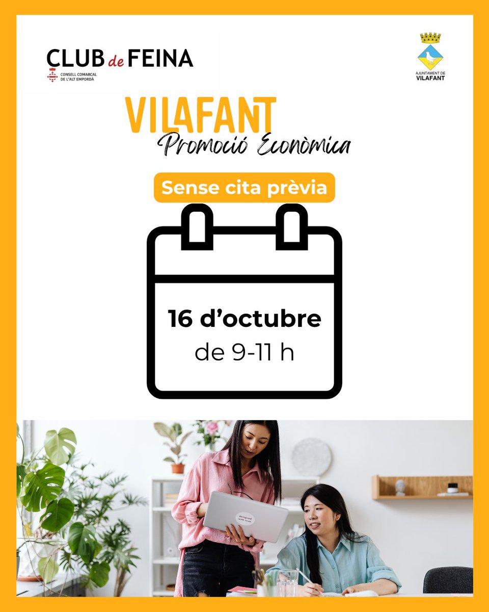 AjVilafant's tweet photo. Estàs buscant feina? Necessites ajuda per millorar en la que estàs? Doncs a #Vilafant disposem d'un servei d'assessorament per ajudar-te.
Només cal que vinguis a l'Ajuntament i demanis pel servei del @clubdefeina_ccae. https://t.co/MFYBmYQHuQ