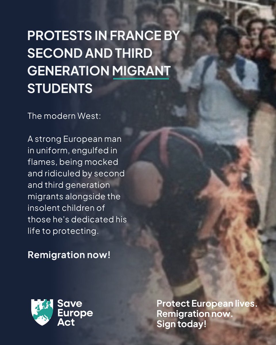 SaveEuropeAct's tweet photo. 🛡️ We do not want population replacement - neither orderly nor chaotic. We want demographic security and to remain the dominant majority in our own homelands. That is what the Save Europe Act  stands for: 

one of the fastest growing patriotic citizens movement bringing together the avant-garde of remigration!

Sign the act, share it with everyone you know, join EuroCom and get active! 

Remigration saves Europe! ✈️