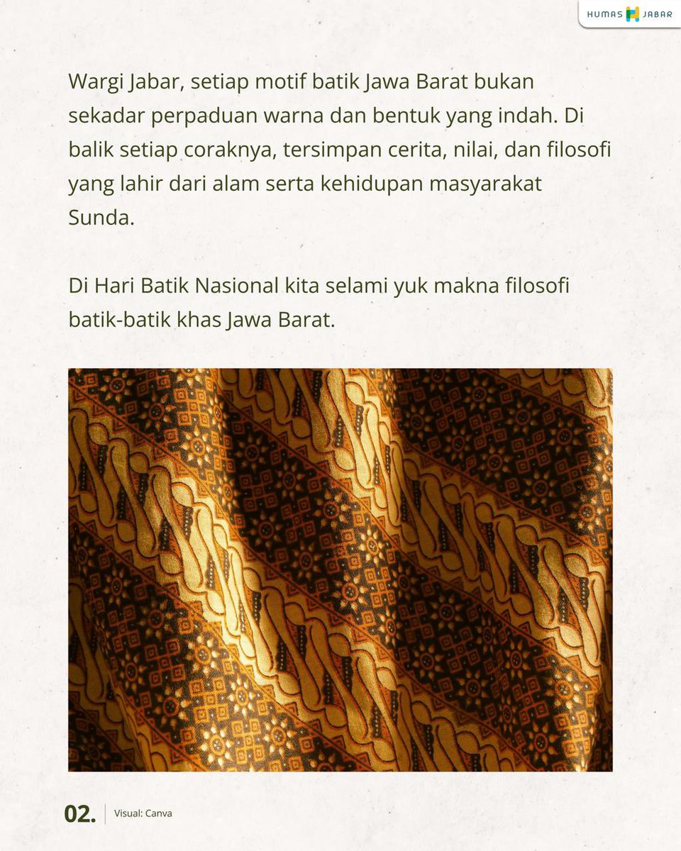 humasjabar's tweet photo. Batik Jabar ~

Dibalik setiap motif batik Jabar bukan sekedar perpaduan warna dan bentuk yang indah tapi tersimpan cerita, nilai dan filosofi yang lahir dari alam serta kehidupan masyarakat Sunda 😍

Btw, sekarang diperingati Hari Batik Nasional, lhoo 🤩 https://t.co/g5k9jxPbc8