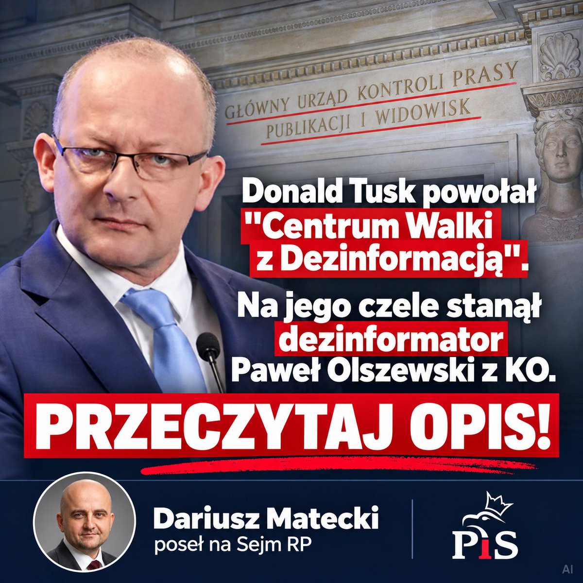 DariuszMatecki's tweet photo. Zapraszam na dłuższy wątek. Donald Tusk podpisał zarządzenie o powołaniu Centrum Walki z Dezinformacją, na jego czele stanął polityk, poseł KO Paweł Olszewski. Kto będzie walczyć z dezinformacją w Polsce?

Zobaczcie:
1. „Rydzyk jeździ Maybachem” - nieprawdziwa informacja, oficjalne upomnienie Komisji Etyki. W lutym 2012 r. Olszewski napisał o o. Tadeuszu Rydzyku: „Dlatego jeździ Maybach’em w wersji podstawowej!”. Komisja Etyki Poselskiej 25 kwietnia 2012 r. uznała, że Olszewski naruszył zasadę rzetelności i zasadę dbałości o dobre imię Sejmu, i udzieliła mu upomnienia. W stenogramie komisji Olszewski tłumaczył, że Maybach był „figurą retoryczną”. Rok później sam napisał: „Pomyliłem się”.

Źródło: https://t.co/AmmLuARrOT

2. Piotr Duda i rzekome „pacyfikowanie robotników” - Olszewski ostatecznie przyznał, że nie miał na to wiedzy i przeprosił. W 2014 r. powiedział o przewodniczącym „Solidarności” Piotrze Dudzie, że ten „nie miał cywilnej odwagi, żeby odmówić pacyfikowania robotników, którzy strajkowali”. W 2019 r., w ramach ugody przedsądowej, opublikował przeprosiny i stwierdził wprost: „Nie mam na ten temat żadnej wiedzy. Moja wypowiedź […] nie była uprawniona”, przyznając również naruszenie dóbr osobistych Dudy. 

Źródło: https://t.co/FYSnGuBbxU

3. 2021 — fałszywa informacja o „pięciu autach Andrzeja Dudy”. Olszewski opublikował nagranie kolumny samochodów i napisał: „W tej kolumnie jest 5 pancernych limuzyn […] Prezydent Andrzej Duda jedzie w 5 autach???  tanie panstwo”. 

Nawet Konkret24 (TVN) poinformował, że na podstawie numerów rejestracyjnych oraz informacji policji, Centrum Informacyjnego Rządu i SOP, że nagranie przedstawiało kolumnę z premierami państw Grupy Wyszehradzkiej i przewodniczącym Rady Europejskiej Charles’em Michelem podczas szczytu 17 lutego 2021 r. SOP stwierdziła wprost: „To nie była kolumna prezydencka”. Prezydenta Dudy w tej kolumnie nie było. Czy Olszewski przeprosił za dezinformację?

Źródło: https://t.co/qtSzR3zDv1

4. Wykorzystywanie kopert poselskich do korespondencji partyjnej - potwierdzona nieprawidłowość i zwrot pieniędzy. W 2008 r. „Gazeta Pomorska” ujawniła, że zaproszenia na imprezę integracyjną bydgoskiej PO, wysyłane do około 400 członków partii, trafiały do adresatów w służbowych kopertach poselskich przeznaczonych do wykonywania mandatu. Według gazety podobnie wysyłano inną korespondencję partyjną. Olszewski początkowo zaprzeczał, następnie potwierdził fakty, odpowiedzialnością obciążał swoich pracowników (sic!), ale ją na siebie przyjął. Kancelaria Sejmu potwierdziła wpłatę przez niego 500 zł tytułem „zwrotu należności za nieprawidłowe wykorzystanie kopert”.

Źródło: https://t.co/ESySSoLqXF

5. Pomyłka dotycząca pieniędzy dla Bydgoszczy - publiczne podanie błędnych danych. W 2022 r. Olszewski mówił na konferencji o około 30 mln zł dla Bydgoszczy, podczas gdy chodziło o 65 mln zł. Początkowo odpowiedział dziennikarzowi „nie, nie pomyliłem się”. Kłamał celowo uderzając w rząd PiS. 

Źródło: https://t.co/ne3BQVMgbz

6. Darowizna 105 tys. zł i rejestr korzyści - zarzut dotyczący obowiązków poselskich. W grudniu 2013 r. WP, powołując się na wPolityce, informowała, że Olszewski miał w 2009 r. nie wykazać darowizny 105 tys. zł w oświadczeniu majątkowym oraz wpisać ją do rejestru korzyści około cztery miesiące po terminie.

Źródło: https://t.co/fhvepYGLJS

7. 2017 - twierdził, że ubywa połączeń kolejowych Bydgoszcz–Warszawa; dane PKP wskazywały odwrotny trend. Olszewski zwołał konferencję dotyczącą pogarszania się połączeń Bydgoszczy z Warszawą i pytał m. in., dlaczego „połączenia znikają”. PKP Intercity podało jednak, że w aktualnym wtedy rozkładzie funkcjonowało 10 par pociągów dziennie, podczas gdy w rozkładzie 2015/2016 było ich 9, a w sezonie 2014/2015 - 8. Zatem w części dotyczącej liczby połączeń dane PKP przeczyły jego przekazowi - Olszewski kłamał publicznie. 

Źródło: https://t.co/T03txt3mJd

8. NASK, reklamy wyborcze i kampania prezydencka 2025 - poważna kontrowersja dotycząca podwójnej roli Olszewskiego. Olszewski był jednocześnie sekretarzem stanu w Ministerstwie Cyfryzacji, które koordynowało działania związane z dezinformacją i nadzorowało obszar NASK, oraz członkiem sztabu Rafała Trzaskowskiego - jego udział w sztabie został odnotowany również w oficjalnym zapisie posiedzenia komisji sejmowej. NASK najpierw informował o reklamach politycznych i możliwej ingerencji, a później musiał sprostować istotną informację: Meta nie zablokowała reklam na wniosek NASK.

Do dziś nie ma żadnych publicznych informacji od NASK dot. nielegalnego finansowania kampanii wyborczej wokół Rafała Trzaskowskiego. Organizacje, które wydawały wtedy setki tysięcy złotych na posty promowane uderzające w kontrkandydatów Rafała Trzaskowskiego otrzymują dziś kolejne miliony ze spółek Skarbu Państwa i administracji rządowej i samorządowej - szykują się na kolejną kampanię wyborczą. Akcja Demokracja już zapowiedziała bilboardy uderzające w Prezydenta RP Karola Nawrockiego. 
_______
Dezinformator Tuska ma decydować co jest dezinformacją. Kpina absolutna.