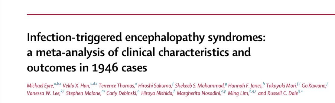 andreuvilaseca7's tweet photo. It’s not easy to find the perfect topic for a meta-analysis, but parainfectious (rather than postinfectious, as most patients still have fever at onset) neurological encephalopathic syndromes are a perfect one!

Great summary of this highly heterogeneous topic in @TheLancet !

Key messages:
• In adults, consider only ANE, FIRES, and MERS.
• Rotavirus is associated with MERS; influenza/SARS-CoV-2 with ANE, and HHV6 with AESD.
• High heterogeneity in MRI patterns and outcomes, with ANE having the worst outcomes despite treatment, suggesting that even umbrella term, they probably are different pathomechanims.
• And, of course, CSF helps rule out infection but, so far, does not aid much in diagnosis!

#Neurology #ITEM #Autoimmune