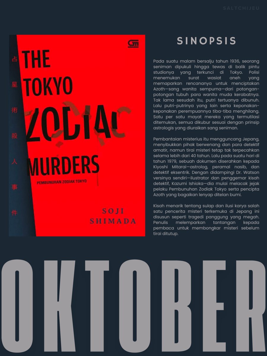 saltchijeu's tweet photo. ⋆☕︎ ˖ current read

📖 Pembunuhan Zodiak Tokyo (The Tokyo Zodiac Murders)
- Sōji Shimada 

▸ 360 Halaman
▸ iJakarta

⚠︎ may contain spoilers

── start 02/10/2026 ── https://t.co/TPf1AcQhmq