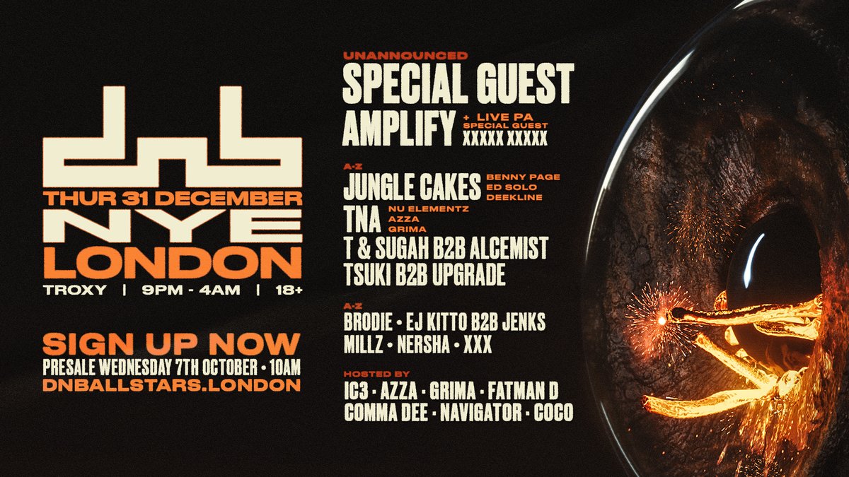 TroxyLondon's tweet photo. London, NYE is looking loud. @DnbAllstars are back at Troxy for the biggest night of the year. Expect huge production, massive dancefloor energy right through to the countdown to 2027. 

🎟️Venue Presale: 07/10/26 @ 10am 
🎟️General sale: 08/10/26 @ 10am
https://t.co/mPyUvvbHXp https://t.co/mcPDWb4tIy