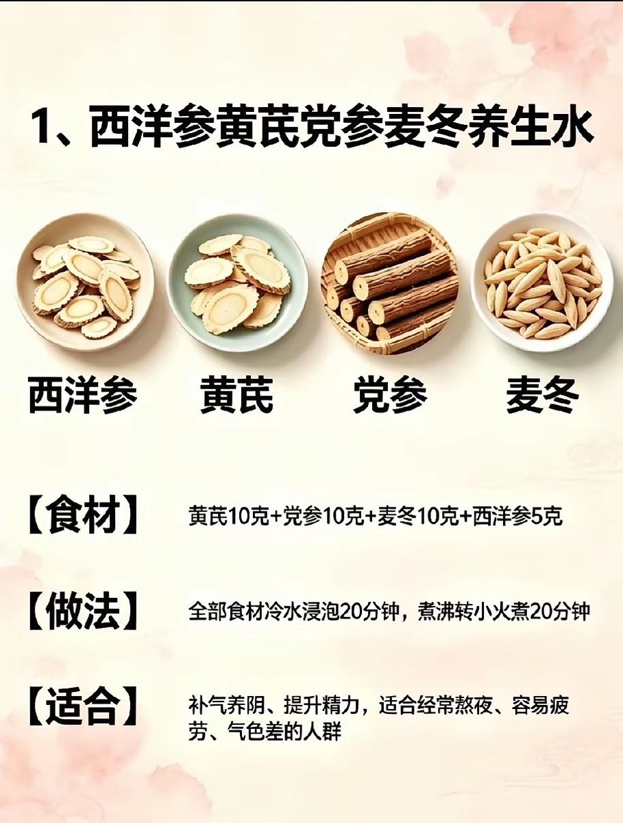 SoulSloop99's tweet photo. 经常熬夜上火｜8组麦冬养生茶饮喝起来
经常熬夜、应酬多，很容易口干上火、情绪烦闷。
麦冬养阴润燥，分享8组日常食疗茶饮，居家煮水、泡水都很方便👇
✅西洋参黄芪党参麦冬｜熬夜疲惫、气色差
✅麦冬山楂水｜重油重腻饮食之后喝
✅麦冬陈皮水｜胀气嗳气，爱生闷气
✅麦冬玉竹水｜皮肤干、眼干、口干舌燥
✅麦冬百合水｜阴虚燥热，帮助舒缓身心
✅麦冬枸杞水｜熬夜用眼过度
✅麦冬菊花水｜肝火旺盛，代谢慢
✅麦冬玫瑰花水｜疏肝解郁，提亮气色
⚠️温馨提示：食疗仅作日常保养，体质虚寒、脾胃容易腹泻不要过量饮用。身体不适请及时就医。