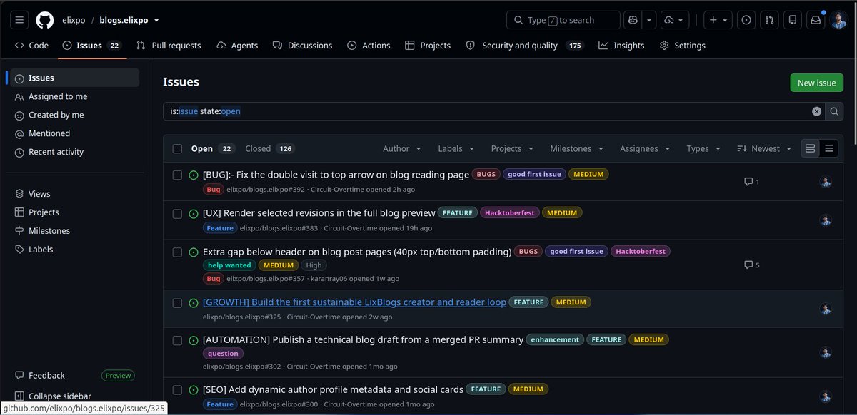elixpo_'s tweet photo. We are having open issues for @hacktoberfest  2026 this year! Please visit elixpo/blogs.elixpo on GitHub so solve some juicy issues and become a contributor 😏 https://t.co/uYJ5xQwm5g
