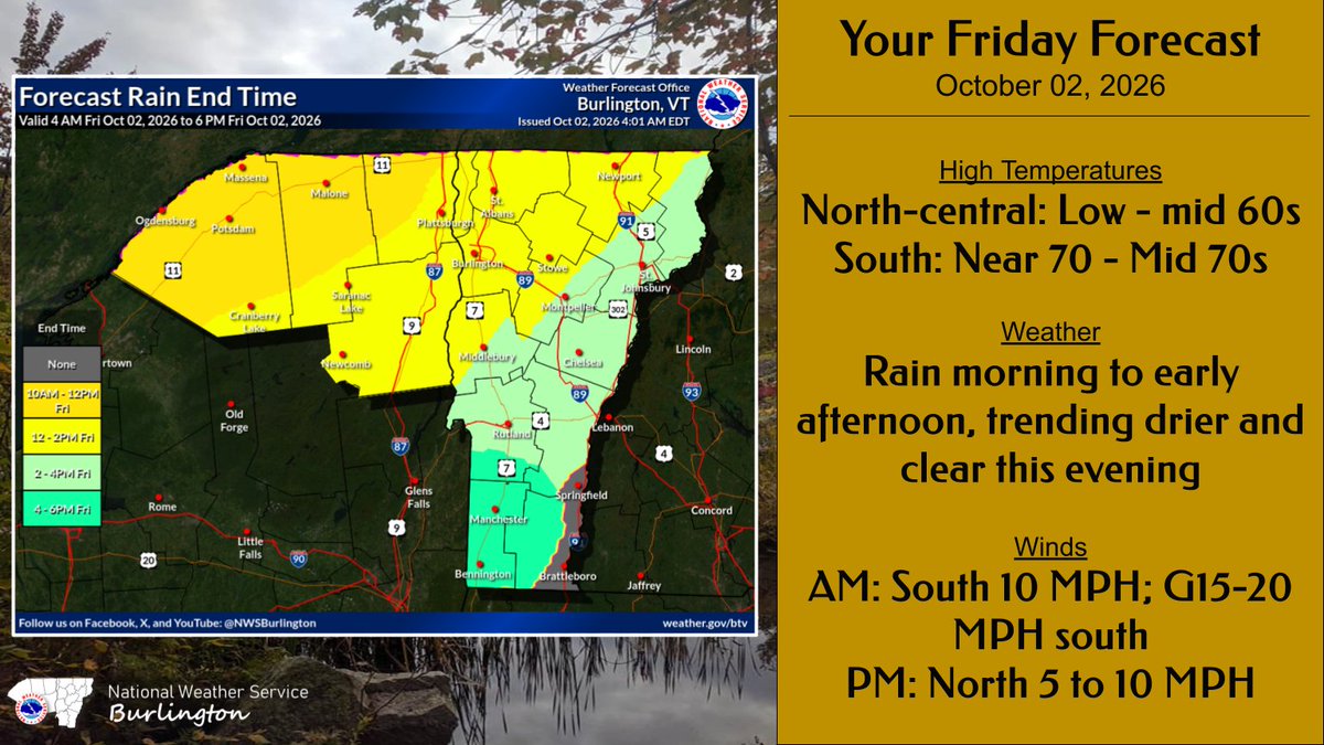 NWSBurlington's tweet photo. A cold front will sweep across the region this morning into the early afternoon. Light to locally moderate rain is expected. Showers will taper off by this afternoon, trending drier and clearer by this evening. https://t.co/7y4J6KKLtZ