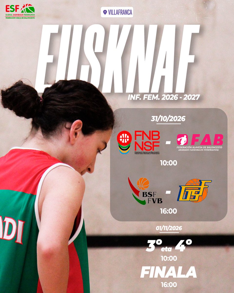 Basketbasko's tweet photo. 🏀 Eusknaf 2026 baditu ordutegiak infantil mailarako!

📍 Villafrancak Bizkaia, Gipuzkoa, Araba eta Nafarroako selekzioak bilduko ditu urriaren 31n eta azaroaren 1ean, bai gizonezkoetan eta bai emakumezkoetan. https://t.co/W0S3GxY2Ry