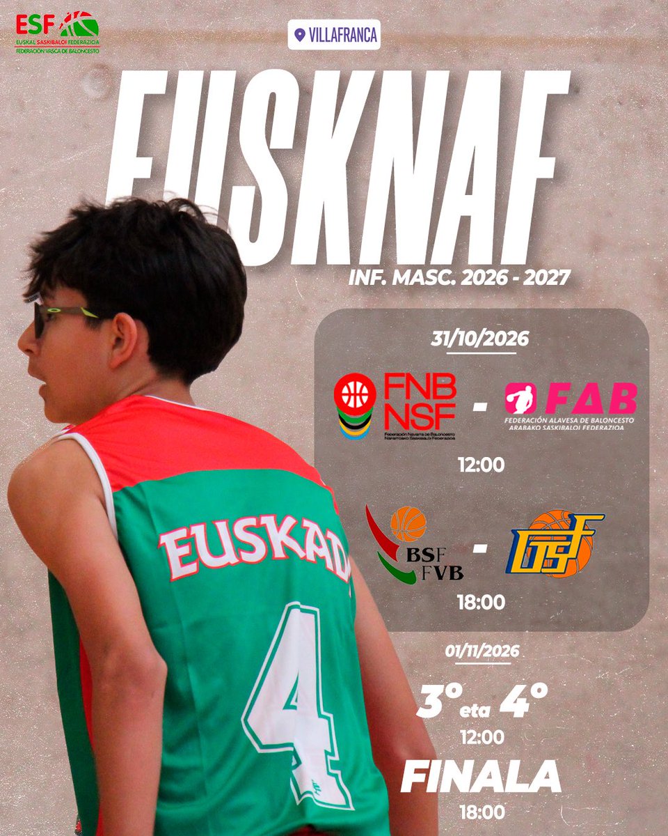 Basketbasko's tweet photo. 🏀 Eusknaf 2026 baditu ordutegiak infantil mailarako!

📍 Villafrancak Bizkaia, Gipuzkoa, Araba eta Nafarroako selekzioak bilduko ditu urriaren 31n eta azaroaren 1ean, bai gizonezkoetan eta bai emakumezkoetan. https://t.co/W0S3GxY2Ry