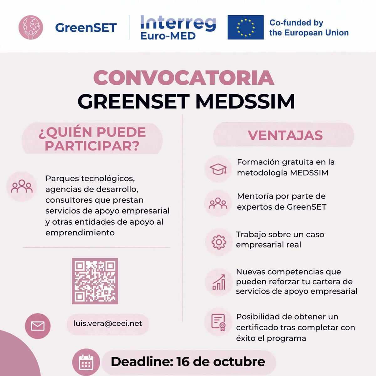 ceei's tweet photo. El proyecto europeo #GreenSET abre su convocatoria para Organizaciones de Apoyo Empresarial (BSO) que deseen incorporar nuevas herramientas de innovación turística y circular.

Participa de forma gratuita y conoce la metodología #MEDSSIM.

📝 Hasta 16/10👉 https://t.co/aF00LGqrQm https://t.co/utk526ZIeA