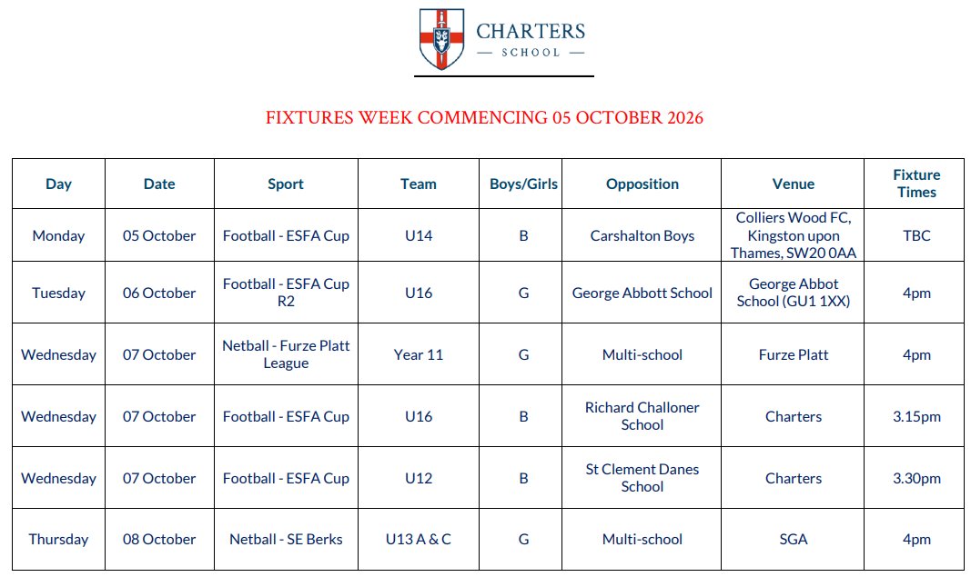 PeCharters's tweet photo. W.B 05.10.26

Club cancellations:
Wednesday - Year 7 &amp; 8 Boys Football
Thursday - Year 7 &amp; 8 Netball, All Years Rugby 

Fixtures: https://t.co/UTnDZTnzkc