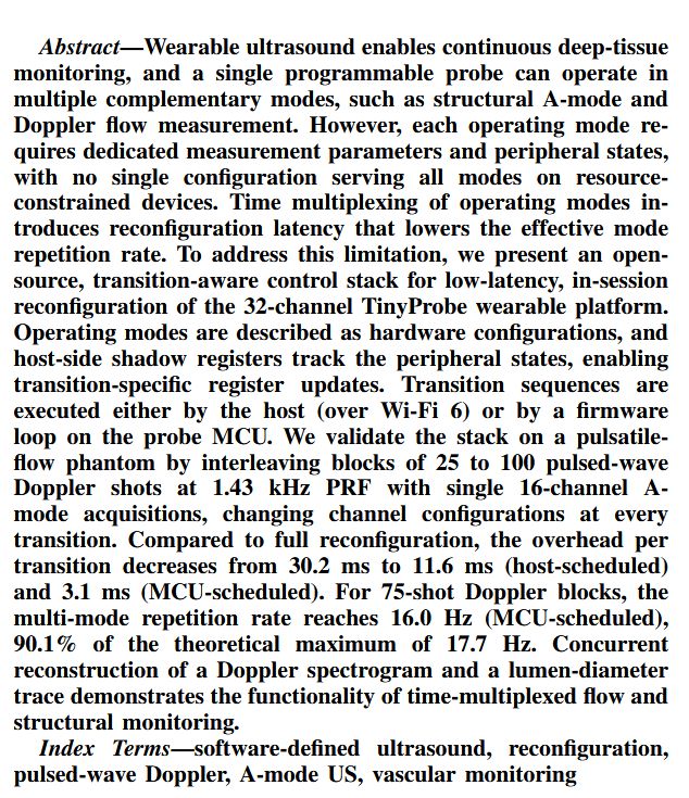 pulp_platform's tweet photo. Our "Open-Source Live-Reconfigurable Multi-Mode Wearable Ultrasound" paper presents a transition-aware control stack for enabling low-latency, in-session reconfiguration of multi-mode wearable ultrasound systems. Implemented on 32-channel TinyProbe, see https://t.co/BGVjISc8L3 https://t.co/t3414xQ7Cy