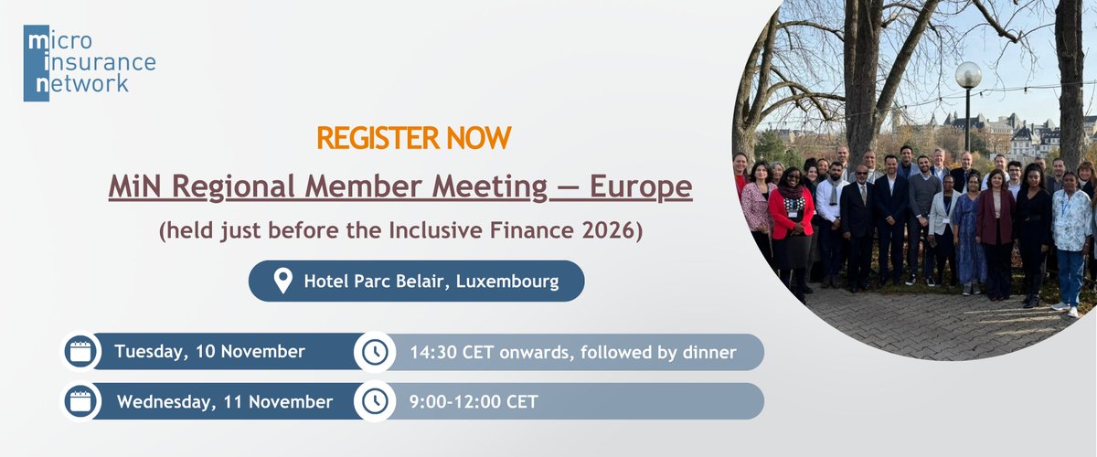 NetworkFlash's tweet photo. 🇱🇺 This November, the Microinsurance Network will once again bring its members together in Luxembourg for the Regional Member Meeting, taking place on 10–11 November 2026.
🔗 Register here (MiN members only): https://t.co/dmVxy8z2AB https://t.co/n0DxLx5Z0s
