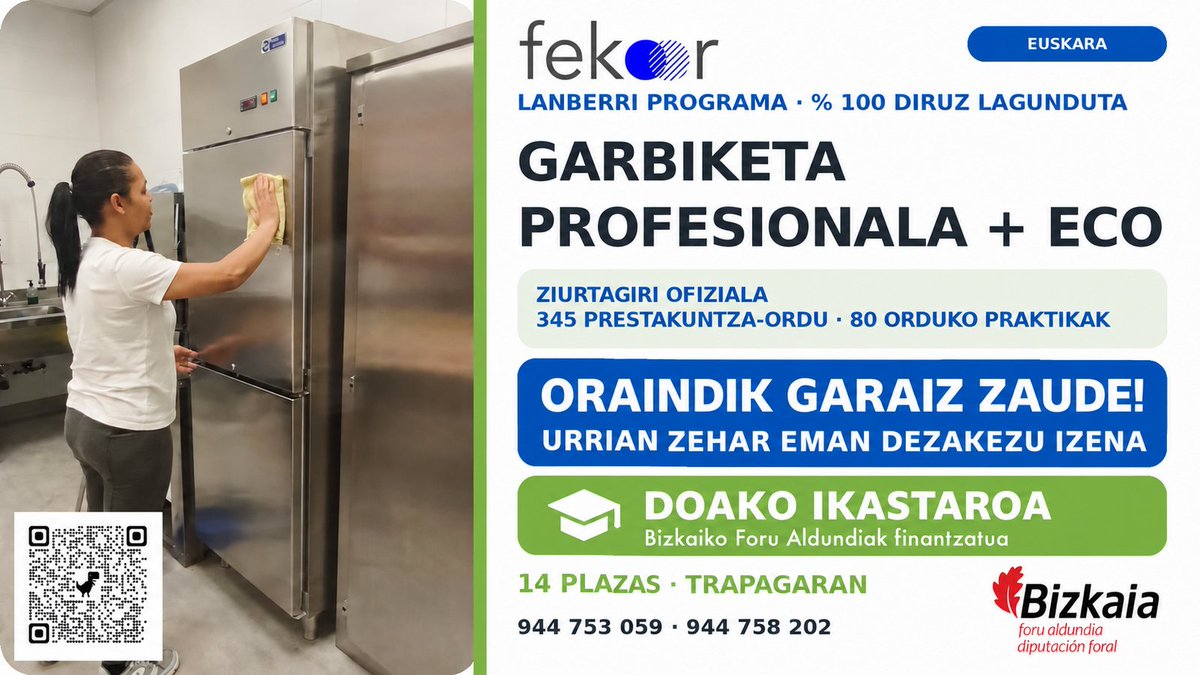 Fekoor's tweet photo. 🧹 Azken tokiak! Desgaitasuna duten pertsonentzako Garbiketa Profesionala + ECO doako ikastaroa. 📜 Ziurtagiri Ofiziala + praktikak. 📍 Trapagaran | 🗓️ 2026ko Urria🏛️️ Bizkaiko Foru Aldundiak finantzatua📞 944753059 https://t.co/ia3AreKHD0