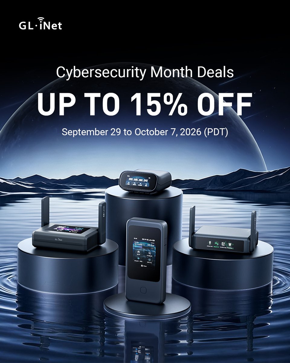 GLiNetWiFi's tweet photo. 🔒 Stay connected without leaving your privacy behind.

Your connection follows you everywhere—from the morning commute and coffee-shop work sessions to movie nights at home. Make sure your privacy goes with you.

From September 29 to October 7 (PDT), save up to 15% on selected GL.iNet products and make every connection more private.

👉 Shop Now: https://t.co/lLJ6xbKgNh

#GLiNet #SecureEveryConnection #SecureWiFi #Privacy #RemoteWork #TravelRouter #Connectivity