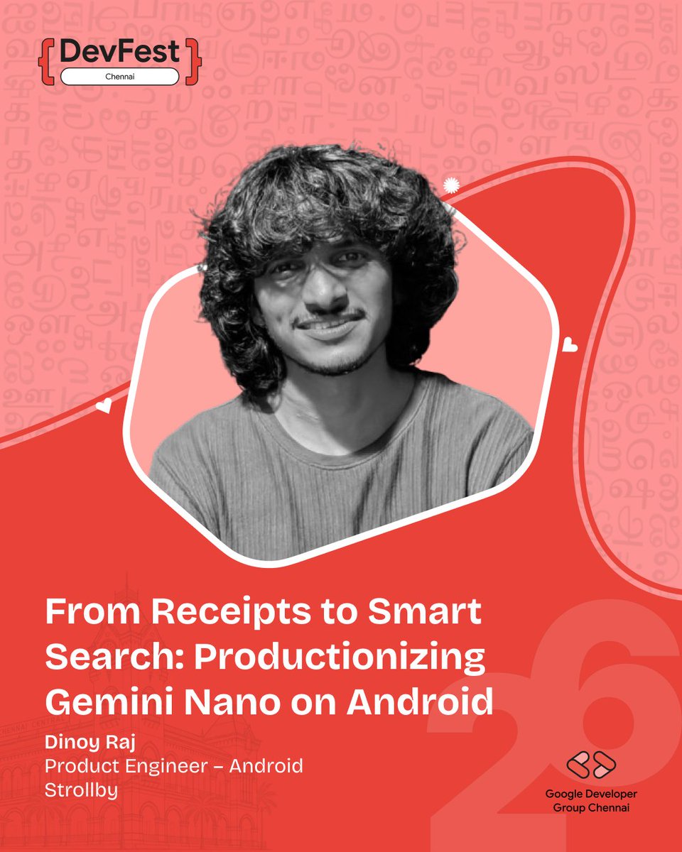 GDGChennai's tweet photo. The AI runs on the phone. No server.
Dinoy Raj, Product Engineer - Android at Strollby, on shipping Gemini Nano in a real app.
Oct 17. https://t.co/LCICMTtQjM
@dinoy_raj @strollby @GDGIndia
#GDGIndia #GDGChennai #DevFest #DevFestIndia #DevFest2026Chennai #DevFestChennai https://t.co/r0gR27hZKj