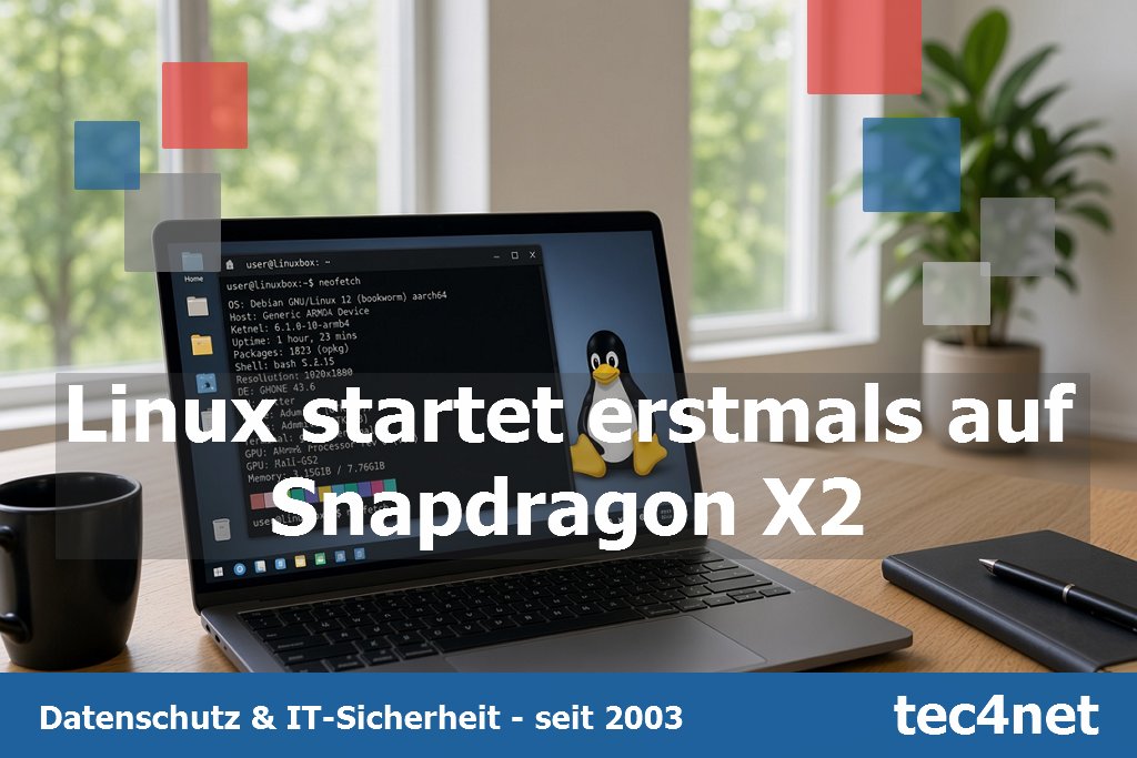 tec4net's tweet photo. Linux-Preview für Qualcomms neue Snapdragon-X2-Chips verfügbar

Qualcomm hat auf dem Snapdragon Summit 2026 eine erste Entwickler-Preview von Linux für den Snapdragon X2 vorgestellt. Zum Einsatz kommt eine angepasste Version von Debian 13 Trixie mit Linux-Kernel 6.12 LTS, die speziell für die neue ARM-Plattform optimiert wurde.

Die Preview läuft derzeit ausschließlich auf Laptops mit Snapdragon X2 Plus oder X2 Elite. Dazu zählen aktuelle Geräte wie das neue Surface Laptop. Ältere Snapdragon-X-Chips, darunter der Snapdragon X Elite, werden bislang nicht unterstützt.

Der frühe Build richtet sich vor allem an Maintainer, Toolchain-Entwickler und Kernel-Entwickler. Enthalten sind unter anderem Treiber, Patches und Referenz-Device-Trees. Damit lässt sich Linux auf einem Snapdragon-X2-System starten, allerdings funktionieren voraussichtlich noch nicht alle Komponenten, Module und Programme zuverlässig.

Qualcomm stellt die benötigten Dateien über GitHub bereit. Die Preview ermöglicht damit einen frühen Einblick in die Linux-Unterstützung für die neue Snapdragon-X2-Plattform und bietet Entwicklern eine Grundlage, um Treiber, Kernel-Anpassungen und weitere Komponenten zu testen und weiterzuentwickeln.

Gerade in dieser frühen Phase ist es wichtig, neben der technischen Weiterentwicklung auch Aspekte wie Datenschutz und IT-Sicherheit im Blick zu behalten. Neue Plattformen und noch nicht vollständig ausgereifte Komponenten können zusätzliche technische und sicherheitsrelevante Risiken mit sich bringen. Eine frühzeitige Prüfung von Schutzmaßnahmen und Sicherheitsanforderungen schafft daher eine wichtige Grundlage für einen langfristig sicheren Betrieb.

Quelle:
https://t.co/XZIGygJ5YV

tec4net – IT-Sicherheit, die Vertrauen schafft
https://t.co/9B27sqmbqp

Wir sind Experten für Datenschutz und IT-Sicherheit

Profitieren Sie von unserer umfassenden Beratung zu den Themen Datenschutz und IT-Sicherheit. Unser erfahrenes Team unterstützt Sie dabei, Ihre Website und digitalen Dienste datenschutzkonform zu gestalten um die gesetzlichen Vorgaben zu erfüllen.

Kontaktieren Sie uns noch heute und sichern Sie sich praxisnahe Beratung zur Umsetzung der DSGVO und Normen wie ISO 27001, PCI-DSS oder TISAX.

Datenschutz und IT-Sicherheit praktikabel umsetzen – tec4net GmbH

https://t.co/81cUv9MwNm – https://t.co/v9yBSL3SE1 – https://t.co/C7DxRzuFmu – https://t.co/bkRypWjYqz – https://t.co/ZAIvmIv121

Alle unsere NEWS -> https://t.co/s4ld25S94Y