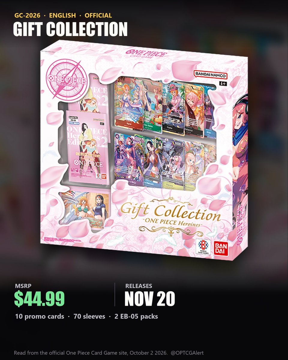 OPTCGAlert's tweet photo. ❤️Gift Collection ONE PIECE Heroines is official: $44.99, out November 20.

Ten promo cards, seventy sleeves, and two EB-05 Heroines vol.2 packs.
https://t.co/lHXQ3AKmcG
We call these the second anyone can preorder them 👉 https://t.co/221GtkCgD8 https://t.co/PnWG2mZeqQ