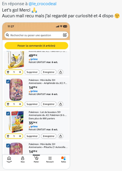 le_crocodeal's tweet photo. 🌊 Raz-de-marée pour certains, cata pour d'autres ! Amazon a envoyé une ÉNORME vague d'invitations pour les coffrets Pokémon 30ᵉ Anniversaire. Testez les liens un par un pour ne pas manquer vos invitations car les mails n'arrivent pas pour beaucoup  😉

💫  Bundle 30 ans : https://t.co/ScKd1md31b
📕  Coffret Classeur : https://t.co/91EkaXh7w8
🌅  Mini Tin Mew : https://t.co/5E3Yjnv5rW
🌅  Mini Tin Pikachu : https://t.co/VwtTCMYthO
🌅  Mini Tin Mentali : https://t.co/EoJq63rLb5
🌅  Mini Tin Lokhlass : https://t.co/LGH3ke0wZO
🌅  Mini Tin Sulfura : https://t.co/Fy9KhasDDD
🌃  Mini Tin Mewtwo : https://t.co/XpIyYuzKSj
🌃  Mini Tin Pikachu : https://t.co/ltms8eByFj
🌃  Mini Tin Noctali : https://t.co/YaJVs7nphd
🌃  Mini Tin Électhor : https://t.co/KwJCSgkDtB 
🌃  Mini Tin Amphinobi : https://t.co/Djhj5GWjKB
🔥  ETB 30 ans : https://t.co/uumZGbrGs9

Et merci tout le monde pour vos messages et partages, ça fait super plaisir pour vous  🙏