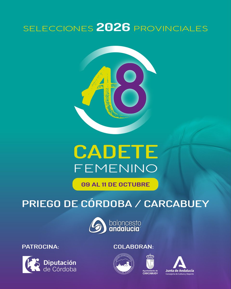 FAB_Andaluza's tweet photo. 🔝🏀 ¿Tenéis ganas del primer #A8? ¡Ya está cerca!

ℹ️✅ Campeonato A8 Cadete Femenino 2026
📍✅ Priego de Córdoba | Carcabuey
📆✅ Del 9 al 11 de octubre 

@dipucordoba @AytoCarcabuey @AndaluciaJunta @PrensaPriego 

#FAB #A82026 #A8CadeteFEM https://t.co/vutJUfJvA6