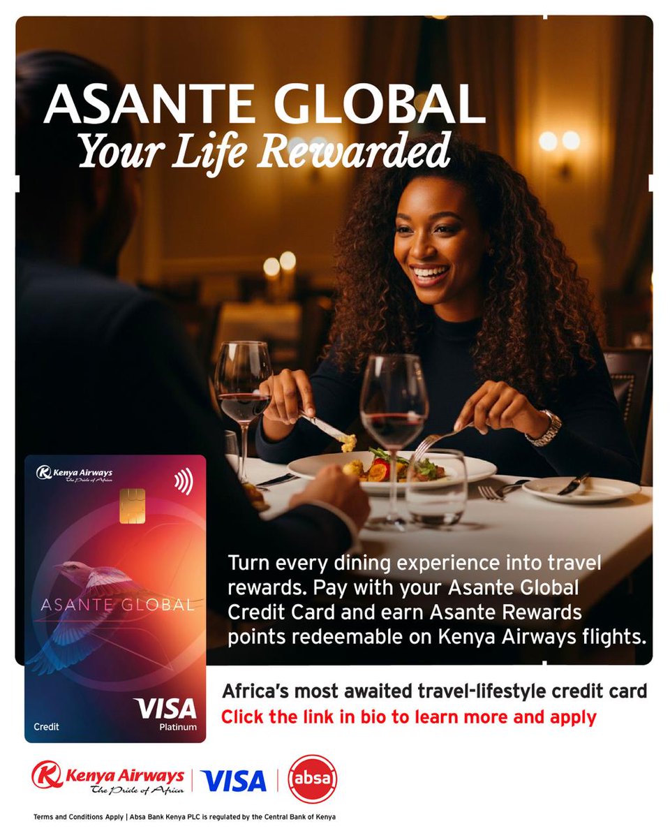 KenyaAirways's tweet photo. What if dinner could help take you to your next destination? 

With the Asante Global Credit Card, every purchase brings you closer to your next journey. Earn Asante Rewards Points on everyday spend and redeem them for Kenya Airways flights and more.

Turn your lifestyle into travel rewards.

Click the link to learn more and apply today:https://t.co/FJq3Q4Kc9l

#AsanteGlobal