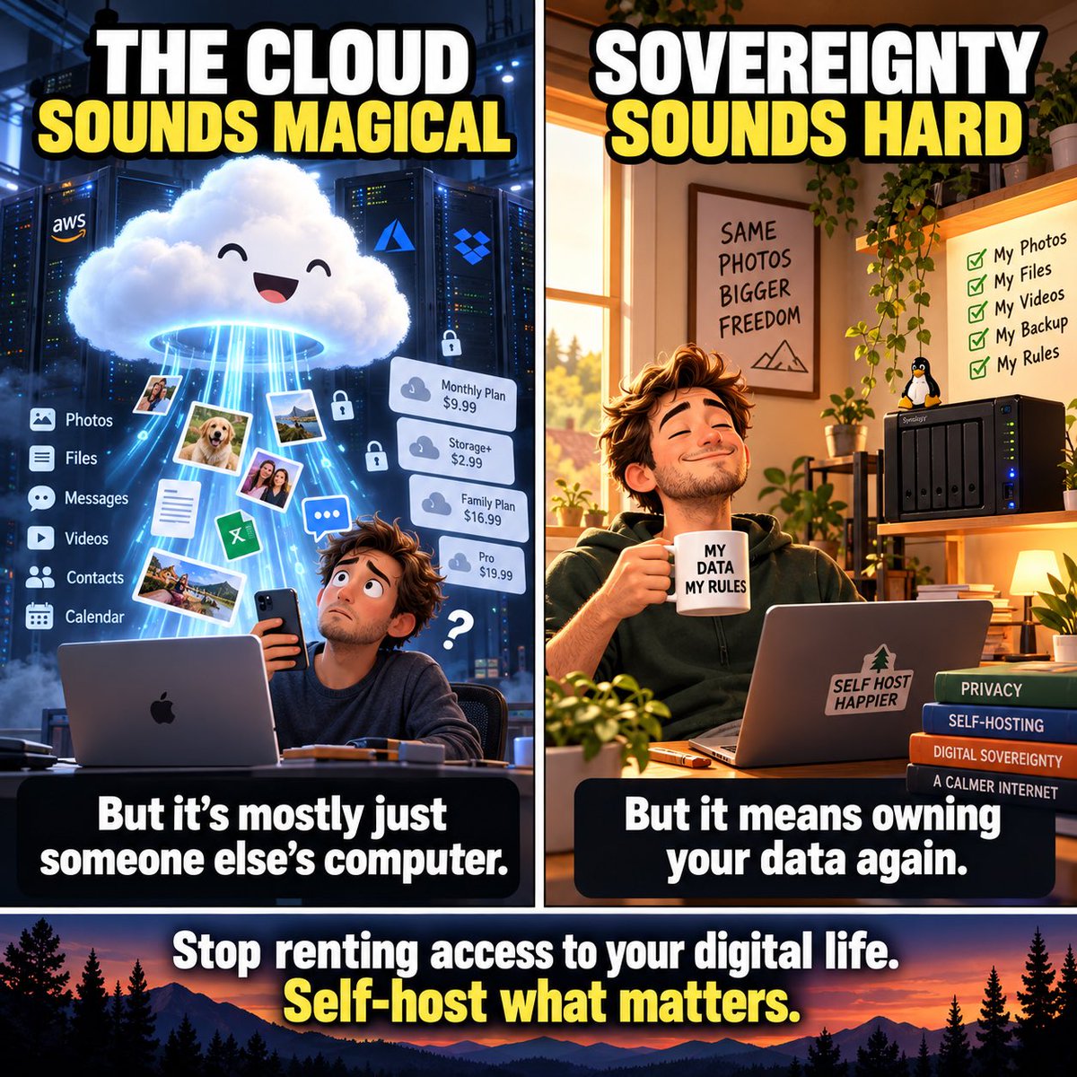 Sovereigntyinit's tweet photo. Most people hear “the cloud” and think their photos and files are floating somewhere on the internet.

They’re not.

“The cloud” is mostly just someone else’s computer.

Apple, Google, Microsoft and other companies store your data on servers they control — and often charge you every month for the privilege.

Self-hosting flips that around.

Your photos.
Your files.
Your backups.
Your server.

You control where your data lives, who can access it, and how long it stays there.

The goal isn’t to disappear from the internet.

It’s to stop renting your digital life.

Own your data. Self-host what matters.