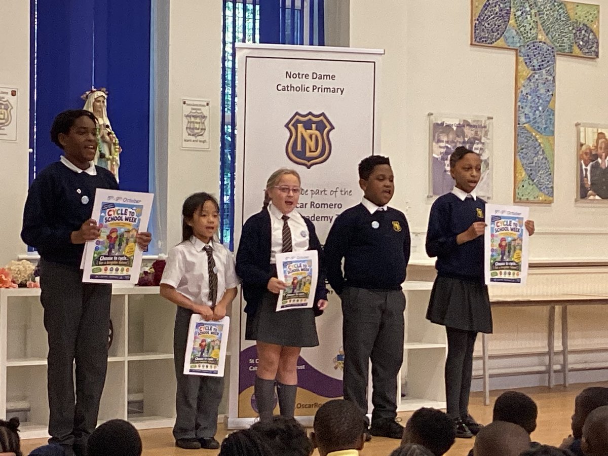 NotreDameCPSch's tweet photo. Cycle to School Week!
Our Environmental Champions promoted Cycle to School Week in assembly. 
Next week, from 5th–9th October, we are encouraging our children and families to make an active journey to school by walking, cycling or scooting whenever possible. 🚶‍♀️🚲🛴
#environment https://t.co/Fg7D2g7K8I