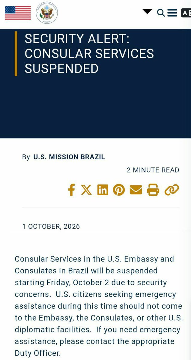 camarotedacpi's tweet photo. 🚨 URGENTE | EUA suspendem atividades diplomáticas no Brasil citando "questões de segurança". Embaixada e Consulados estão fechados a partir desta sexta, 2 de Outubro.

Não foi informado o que motivou a suspensão. https://t.co/D9o6sgmhqx