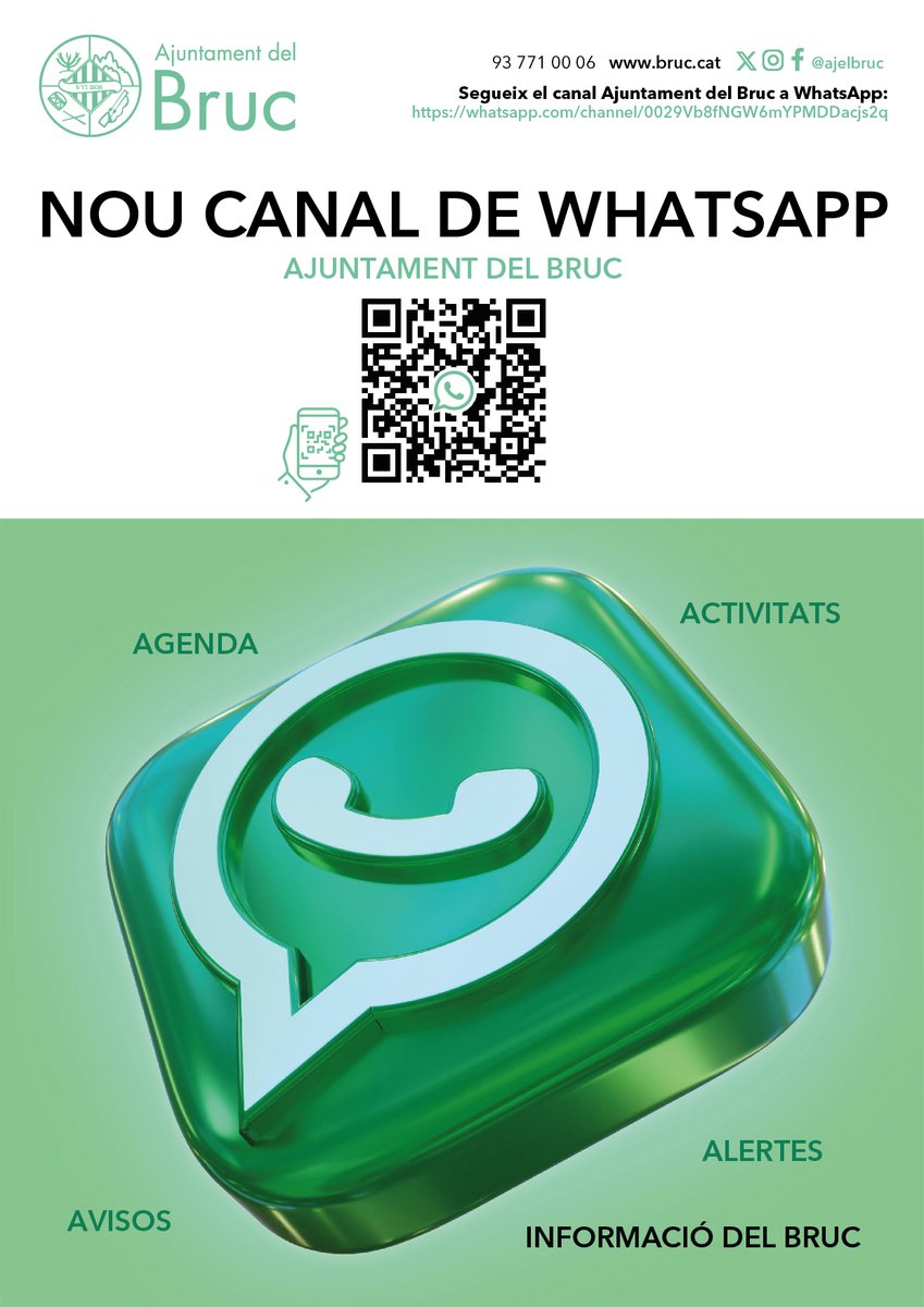 AjElBruc's tweet photo. 📢Informació de l'Ajuntament del Bruc🗣️📲 L'Ajuntament canviarà l'enviament d'avisos i comunicacions, tots els avisos es compartiran exclusivament a través del Canal de WhatsApp🔄
 
🔗Enllaç al canal: https://t.co/T5JptwawWV
 
#UsesperemalCanal

https://t.co/2Uml7XDkI6 https://t.co/cXgtg9YQVv
