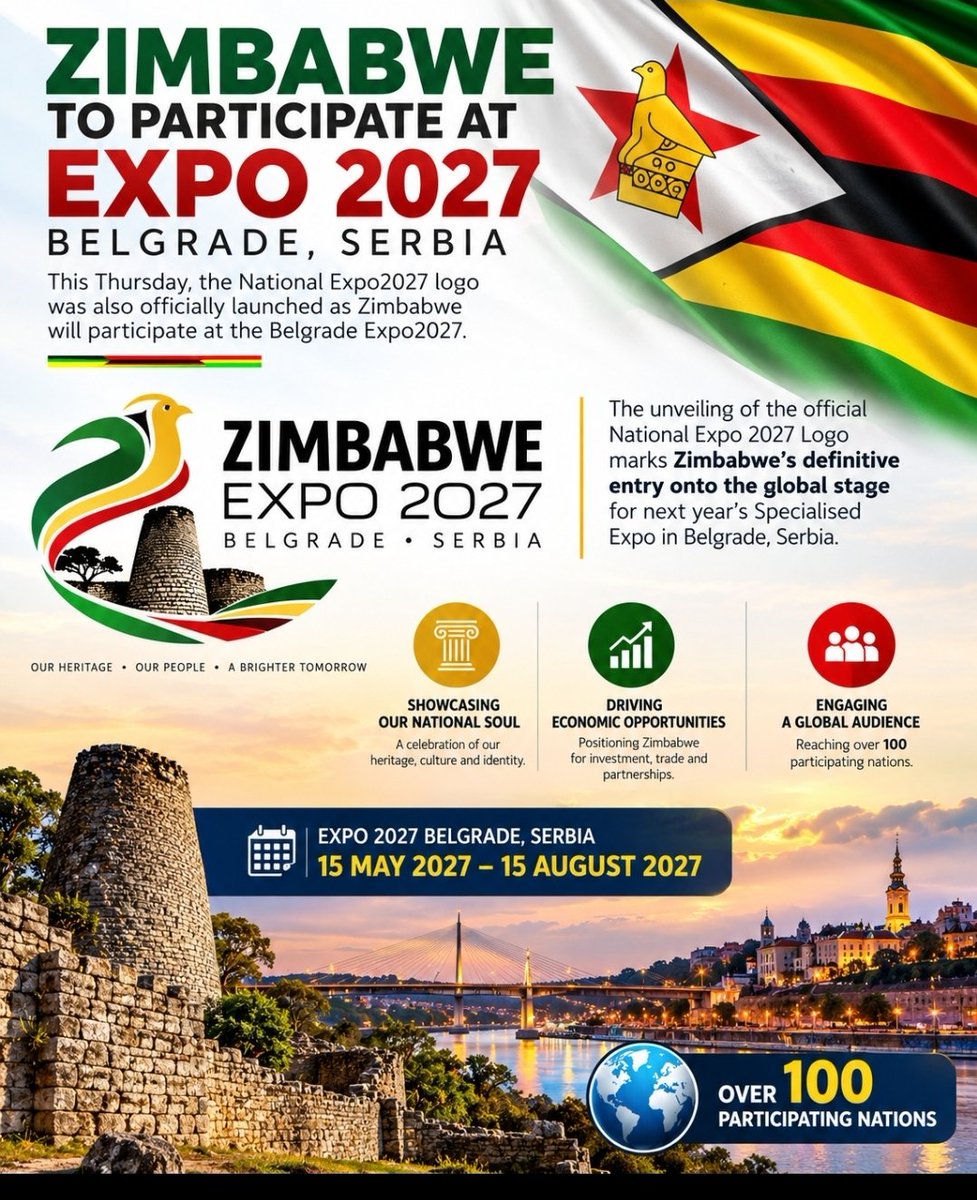MamboMapondera's tweet photo. From heritage to investment opportunities, Zimbabwe will have a global platform at #Expo2027 Belgrade. More than 100 nations are expected to participate from 15 May to 15 August 2027, creating space for trade, partnerships and international exposure. #AsaKhiZim https://t.co/iY8iVpXMpK