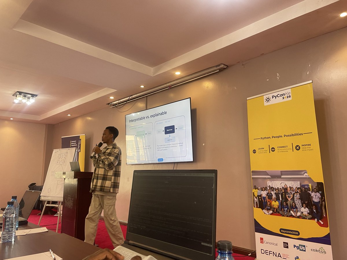 SLenapunya's tweet photo. Can we explain why an ML model made a decision?
At #PyConKE, Brian Kai unpacked explainable machine learning from feature importance to permutation importance and Random Forests.
Donβt just build models that predict. Understand why they predict.
#PyConKenya https://t.co/LCAvKNYa1s