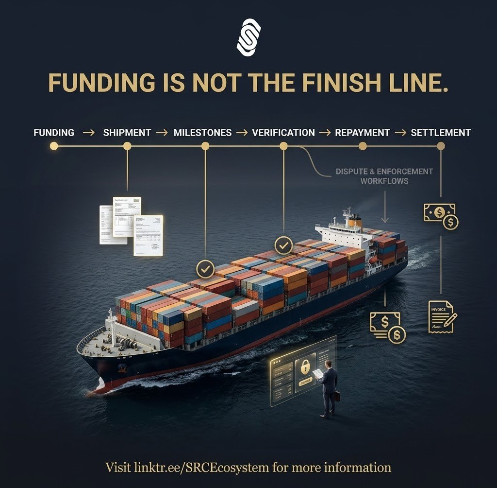 SRCEcosystem's tweet photo. Funding is not the finish line.

SRC connects the #tradefinance lifecycle beyond disbursement:

Shipment → Milestones → Verification → Monitoring → Repayment → Disputes &amp; Enforcement Workflows → Settlement.

From trade creation to final settlement.

#DigitalTrade #RWA #SRC https://t.co/lUjL2J41A7