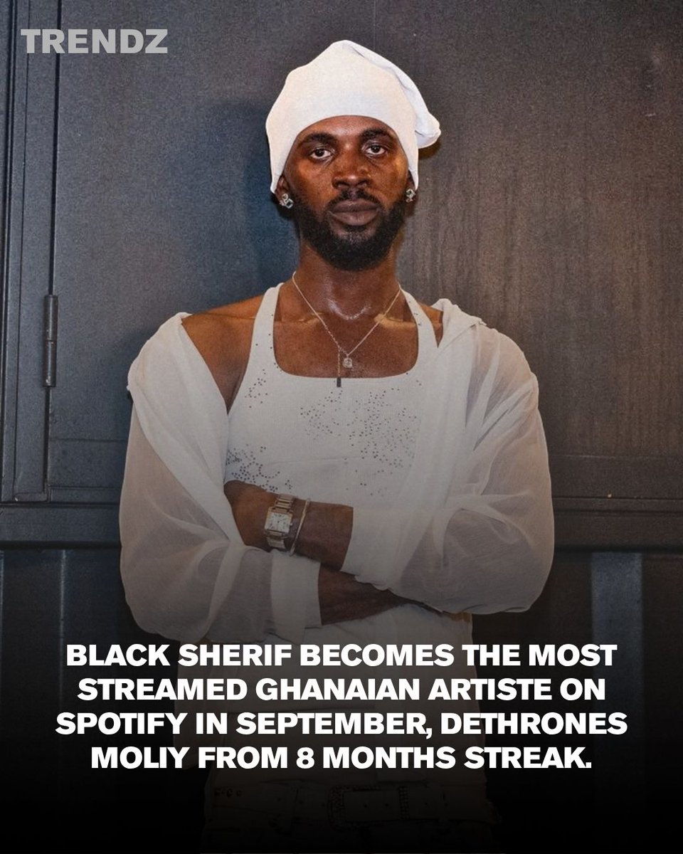 Trendz_233's tweet photo. Black Sherif dethrones Moliy from her 8 month streak of being the most streamed Ghanaian on Spotify. He overtakes with over 25million streams in September.

#themusicculture https://t.co/U3YEjiP8hd