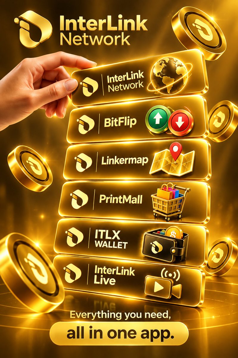 13allamasiol's tweet photo. ✨ InterLink Network — All in One
🚀 InterLink Network brings powerful features together in one ecosystem:
🔄 BitFlip | 📍 Linkermap | 🛍️ PrintMall | 💳 ITLX Wallet | 🎥 InterLink Live
One app. One ecosystem. 🌐💛 https://t.co/3DkUwlVzpF