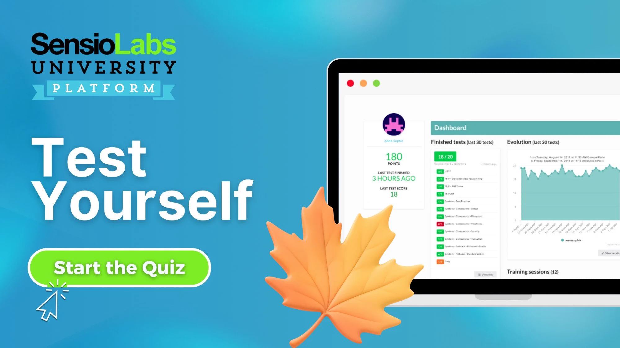 SensioLabs University Platform Test Yourself Start the Quiz on a blue gradient background with a computer displaying the elearning platform and a fall leaf