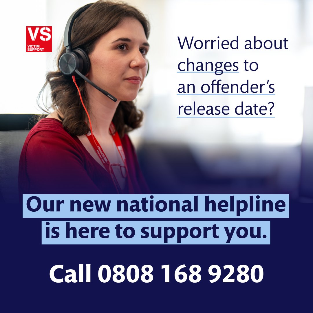 VictimsComm's tweet photo. As early prison releases get underway, many victims may be feeling anxious about what this means.

Victim Support has launched a dedicated helpline, providing support to anyone concerned about an offender being released from prison.

Find out more: 🔗 https://t.co/X7kucm69LB https://t.co/jiFheMeoM0