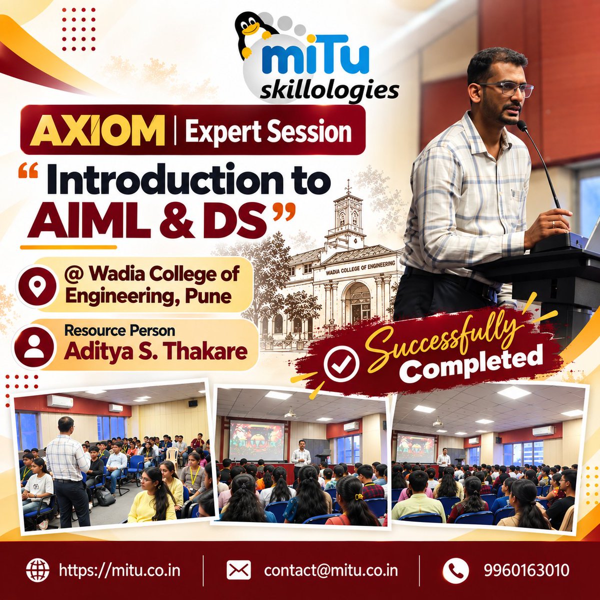 mitu_group's tweet photo. #AXIOM #ExpertSession #AIML #ArtificialIntelligence #MachineLearning #DataScience #AI #DS #WadiaCollegeOfEngineering #Pune #StudentLearning #SkillDevelopment #MITUSkillologies #SuccessfullyCompleted https://t.co/XMYRfARPBj