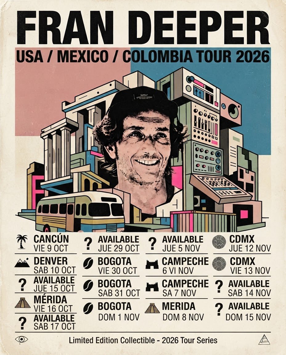 FranDeeper's tweet photo. It’s an honor to present the official poster for my Americas Tour 2026. 🇺🇸🇲🇽🇨🇴 I’m really happy to be returning to countries that have given me so much musically over the years —  If you’d like to book one of the open dates marked “Available”, just send me a DM. https://t.co/WkdZ1rt7ag
