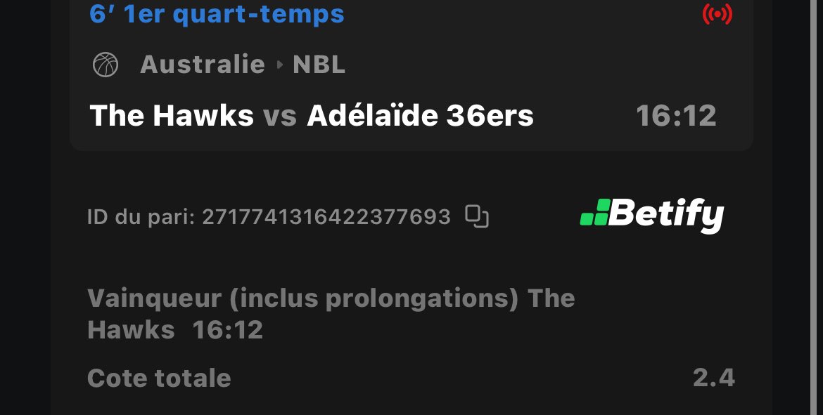 _NoRiskBet_'s tweet photo. 🏀NBL🦘

🇦🇺The Hawks  @ 2.40 (Betify) 

#TeamParieur https://t.co/AXaO2MosZm