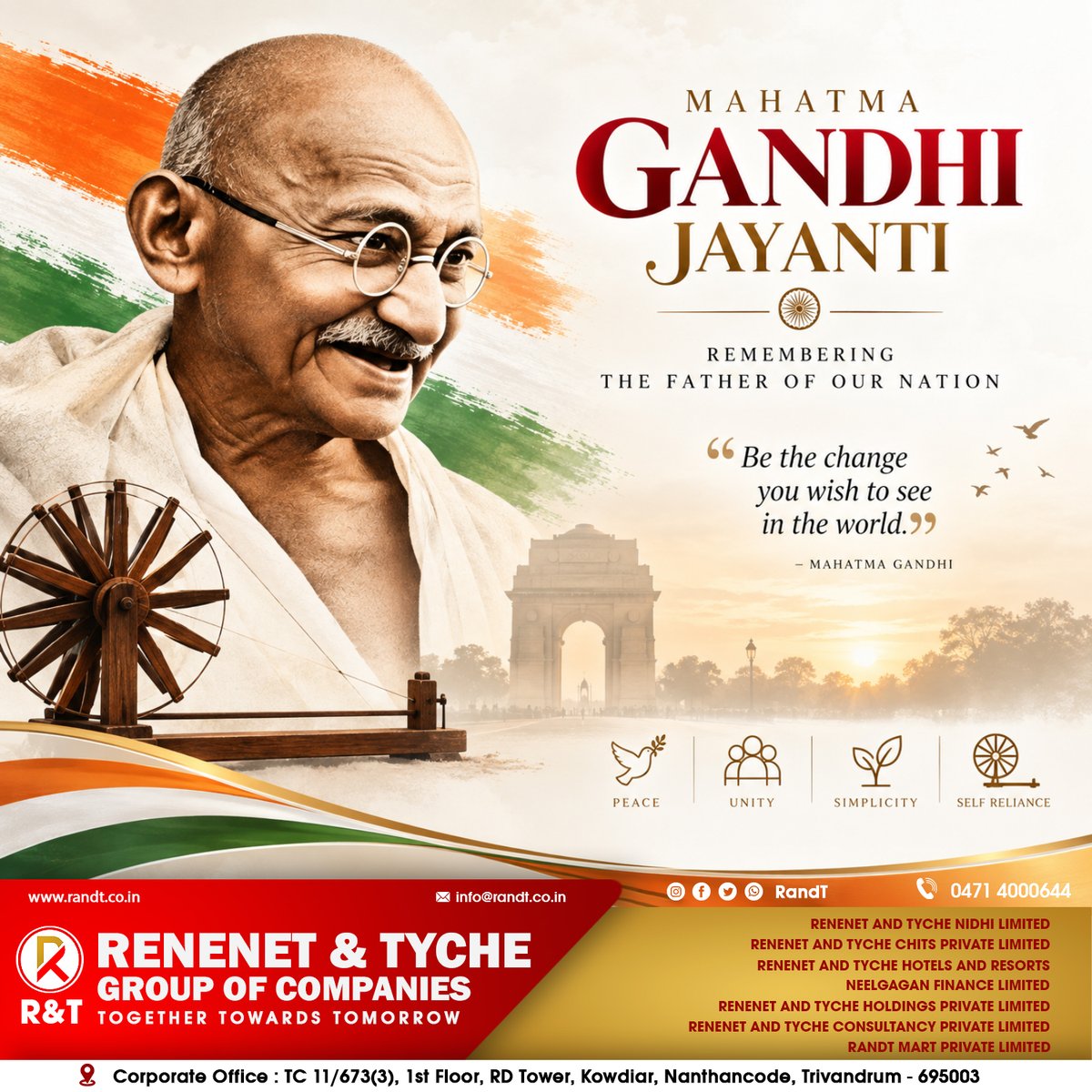 RandT_Group's tweet photo. Gandhi Jayanti | October 2
Remembering Mahatma Gandhi and his enduring message of truth, peace, simplicity, and non-violence. 🌿

Remember the Mahatma. Live the values. 🇮🇳

#GandhiJayanti #MahatmaGandhi #Ahimsa #NonViolence #Truth #Peace #India https://t.co/lreS3Cd2W3